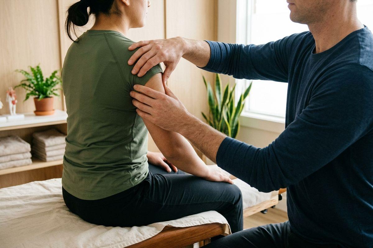 A therapist examines the shoulder and back of a seated patient on a treatment table in a clinic room.