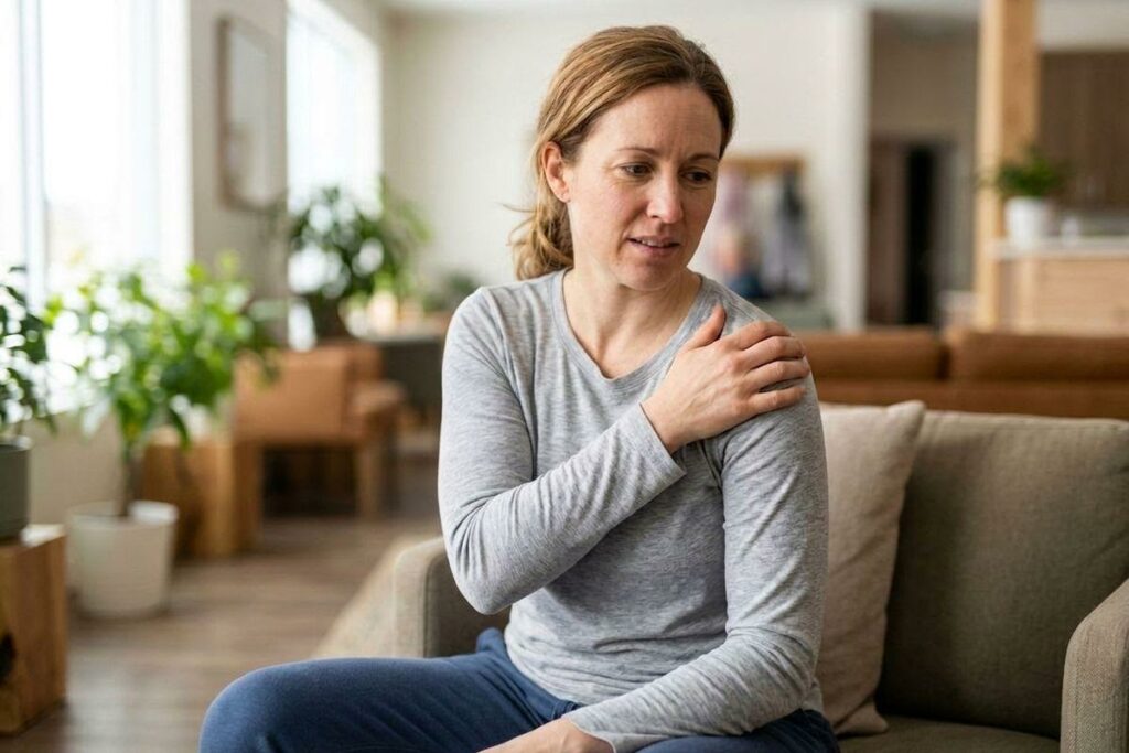 Adult sitting on a sofa at home, holding one hand on their opposite shoulder with a concerned expression.
